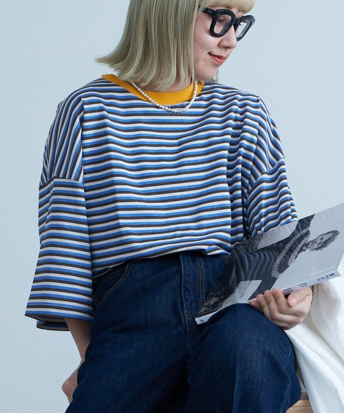 CIAOPANIC TYPY（チャオパニックティピー）の「USAコットンマルチレトロボーダーハーフスリーブビッグTee（Tシャツ/カットソー・メンズ・ブラウン/ブルー/ブラック・LARGE/MEDIUM）」の13枚目の写真