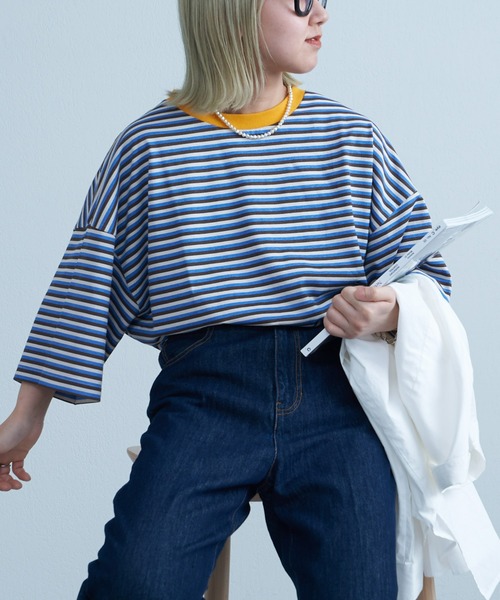 CIAOPANIC TYPY（チャオパニックティピー）の「USAコットンマルチレトロボーダーハーフスリーブビッグTee（Tシャツ/カットソー・メンズ・ブラウン/ブルー/ブラック・LARGE/MEDIUM）」の16枚目の写真