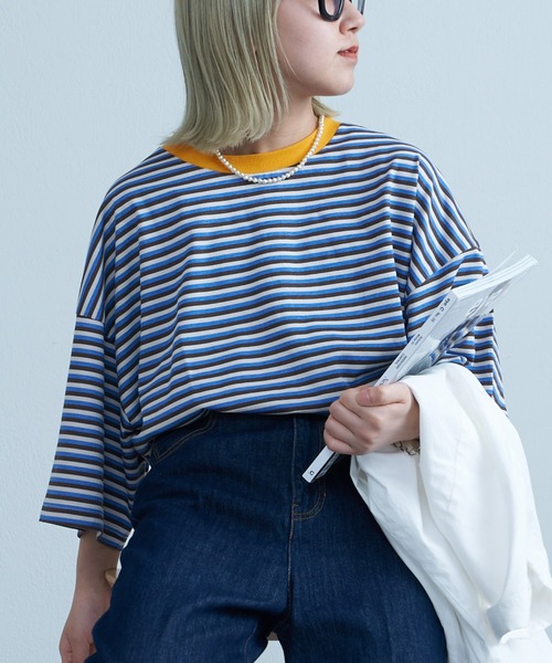 CIAOPANIC TYPY（チャオパニックティピー）の「USAコットンマルチレトロボーダーハーフスリーブビッグTee（Tシャツ/カットソー・メンズ・ブラウン/ブルー/ブラック・LARGE/MEDIUM）」の14枚目の写真