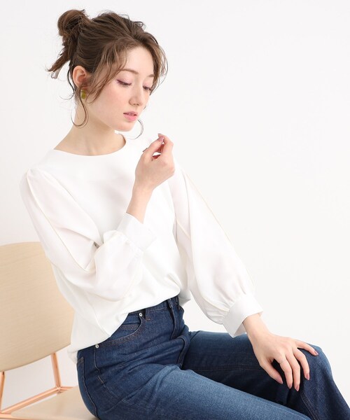 DRESKIP（ドレスキップ）の「◆キレイ見え 異素材切り替えトップス（Tシャツ/カットソー・レディース・ネイビー/オフホワイト/ピンク系・02/03）」の2枚目の写真