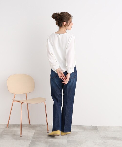 DRESKIP（ドレスキップ）の「◆キレイ見え 異素材切り替えトップス（Tシャツ/カットソー・レディース・ネイビー/オフホワイト/ピンク系・02/03）」の4枚目の写真