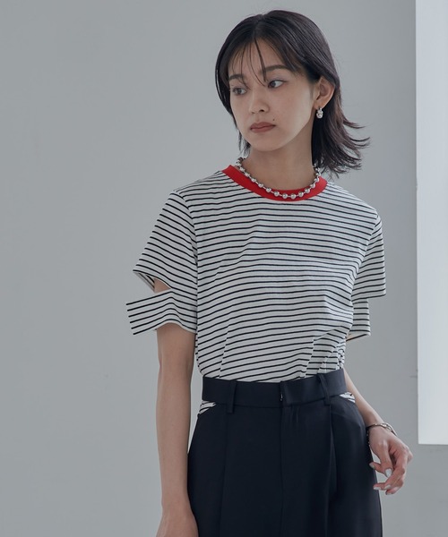 miette（ミエット）の「スリットスリーブボーダーTシャツ（Tシャツ/カットソー・レディース・ブルー/ピンク/ブラック/オフホワイト・FREE）」の5枚目の写真