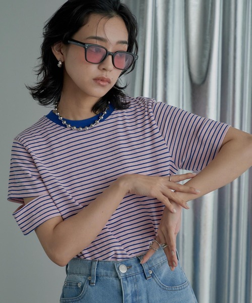 miette（ミエット）の「スリットスリーブボーダーTシャツ（Tシャツ/カットソー・レディース・ブルー/ピンク/ブラック/オフホワイト・FREE）」の12枚目の写真