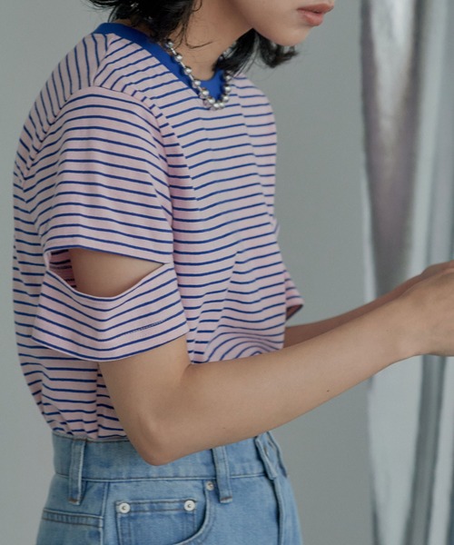 miette（ミエット）の「スリットスリーブボーダーTシャツ（Tシャツ/カットソー・レディース・ブルー/ピンク/ブラック/オフホワイト・FREE）」の13枚目の写真