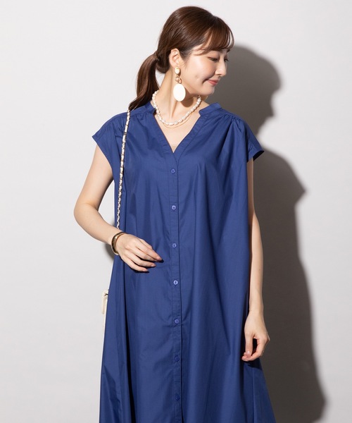 MHBG TOKYO（エムエイチビージートーキョー）の「Vネックオープンカラーシャツワンピース（シャツワンピース・レディース・ブラック/オフホワイト/ブルー/ピンク・FREE）」の9枚目の写真