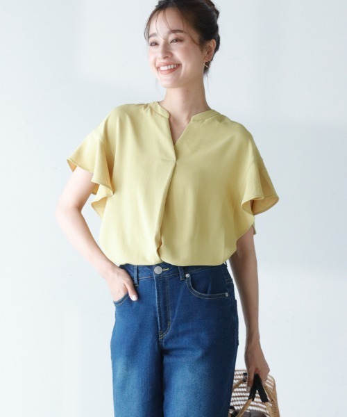 M.deux（エムドゥ）の「〔フロントタックブラウス〕（シャツ/ブラウス・レディース・ライトグリーン/イエロー/オフホワイト・MEDIUM）」の3枚目の写真