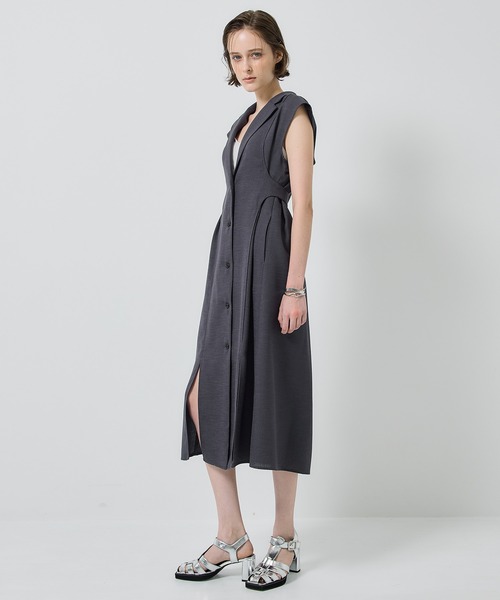 【極美品】パブリックトウキョウ　リネンライクストライプワンピース　スリット　F 極美品】パブリックトウキョウ リネンライクストライプ