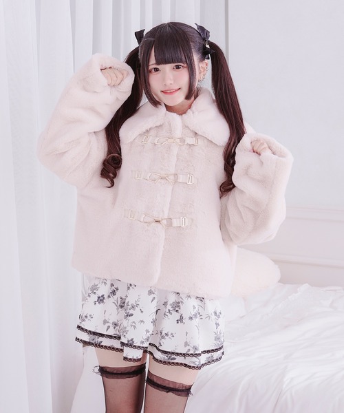 ミルフィーユクローゼット　ラビットファー　コート　バックリボン　ビジューボタン mille fille closet by LODISPOTTO（ミルフィーユクローゼット