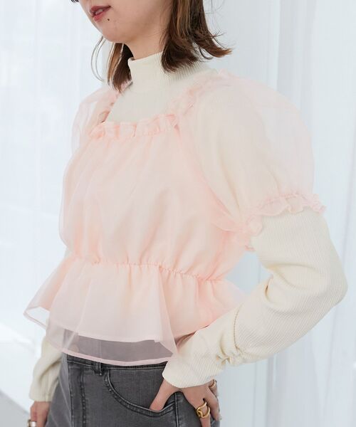 MAJESTIC LEGON(マジェスティックレゴン)の「ショートブラウスセットトップス(Tシャツ/カットソー・レディース・ピンク/アイボリー/ブラック・MEDIUM)」の1枚目の写真