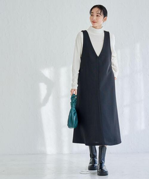 coen（コーエン）の「ウールMIXホームスパンVネックジャンパースカート（ジャンパースカート・レディース・ブラック/グレー・M/L）」の3枚目の写真