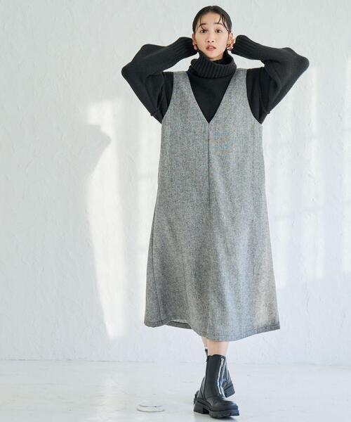 coen（コーエン）の「ウールMIXホームスパンVネックジャンパースカート（ジャンパースカート・レディース・ブラック/グレー・M/L）」の12枚目の写真