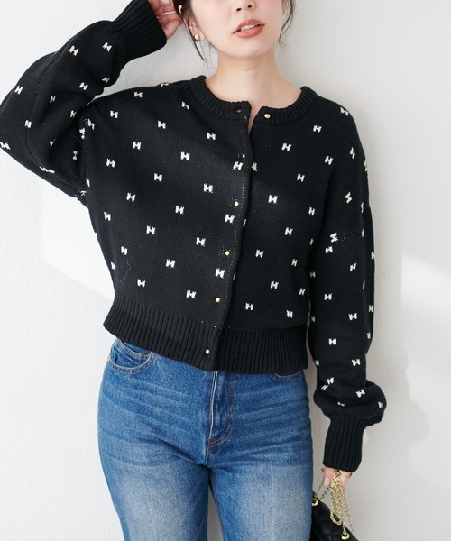 natural couture(ナチュラルクチュール)の「リボンハートジャガードカーデ(カーディガン/ボレロ・レディース・グレー系その他/ベージュ系その他/ブラック・FREE)」の4枚目の写真