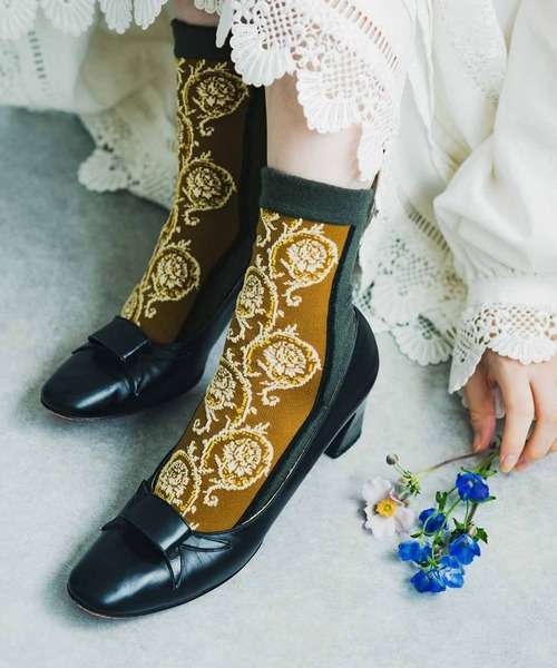 MEDE19F（メデジュウキュウ）の「ＭＥＤＥ１９Ｆ　バイカラーヴィンテージパターンソックス（ソックス/靴下・レディース・グリーン/ボルドー/マスタード・ONE SIZE）」の2枚目の写真