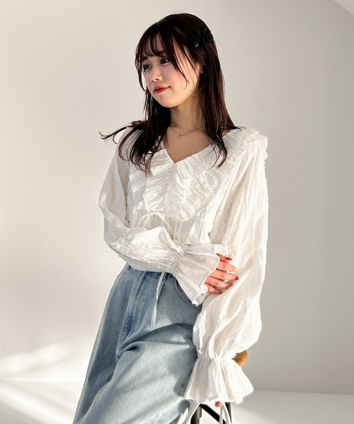 Sov. フリル付きベージュブラウス 38 楽天市場】Vent d'ouset 60ローンワッシャー襟付き8分袖ブラウス