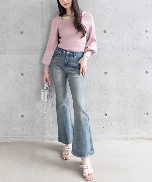 clear（クリア）の「スクエアネックリブニットトップス[オフィスカジュアル 着回し抜群 大人]≪再入荷≫（ニット/セーター・レディース・ピンク/グレー系その他/ブラック/オフホワイト・F）」の8枚目の写真