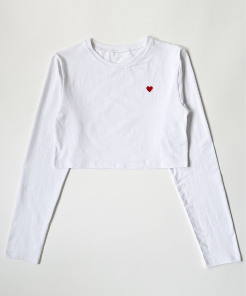 Per sist ence(パーシエンス)の「ハート刺繍入りショート丈長袖タイトトップス(Tシャツ/カットソー・レディース・ブラック/オフホワイト・FREE)」の1枚目の写真