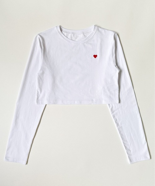 Per sist ence(パーシエンス)の「ハート刺繍入りショート丈長袖タイトトップス(Tシャツ/カットソー・レディース・ブラック/オフホワイト・FREE)」の4枚目の写真
