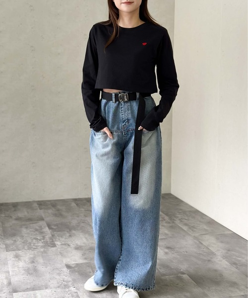 Per sist ence(パーシエンス)の「ハート刺繍入りショート丈長袖タイトトップス(Tシャツ/カットソー・レディース・ブラック/オフホワイト・FREE)」の7枚目の写真