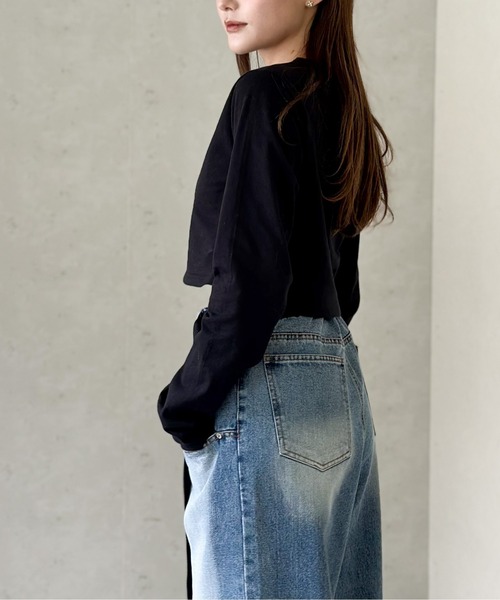 Per sist ence(パーシエンス)の「ハート刺繍入りショート丈長袖タイトトップス(Tシャツ/カットソー・レディース・ブラック/オフホワイト・FREE)」の8枚目の写真