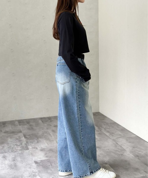 Per sist ence(パーシエンス)の「ハート刺繍入りショート丈長袖タイトトップス(Tシャツ/カットソー・レディース・ブラック/オフホワイト・FREE)」の10枚目の写真