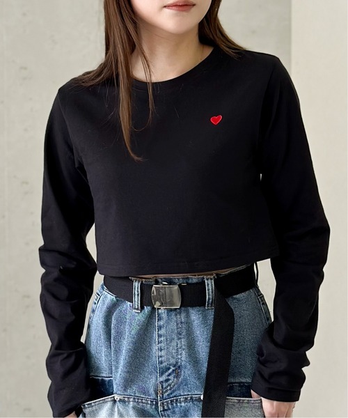 Per sist ence(パーシエンス)の「ハート刺繍入りショート丈長袖タイトトップス(Tシャツ/カットソー・レディース・ブラック/オフホワイト・FREE)」の13枚目の写真