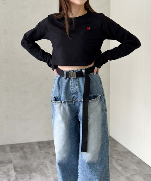 Per sist ence(パーシエンス)の「ハート刺繍入りショート丈長袖タイトトップス(Tシャツ/カットソー・レディース・ブラック/オフホワイト・FREE)」の14枚目の写真