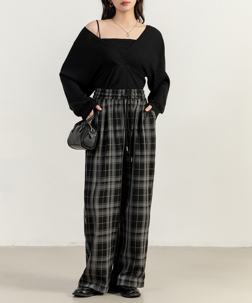 DAY CLOSET（デイ クローゼット）の「【大きいサイズ有/滑らかツイル微起毛/調節紐付き】チェック柄ストレートイージーワイドパンツ（その他パンツ・レディース・レッド/オレンジ/グレー/グレイッシュベージュ/ブラック・S/L/XL/M）」の9枚目の写真