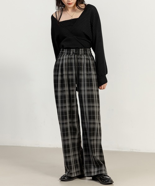 大きいサイズ有/滑らかツイル微起毛/調節紐付き】チェック柄ストレート