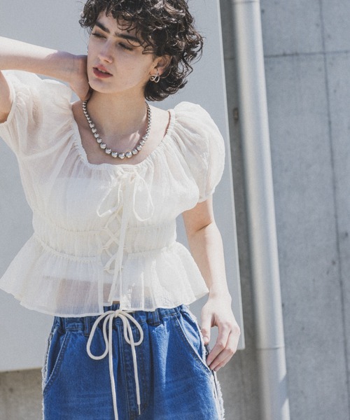 PAGEBOY（ページボーイ）の「アソートレースアップブラウス（シャツ/ブラウス・レディース・ブラック系その他/ブルー/ブラック/ホワイト/ライム・FREE）」の15枚目の写真