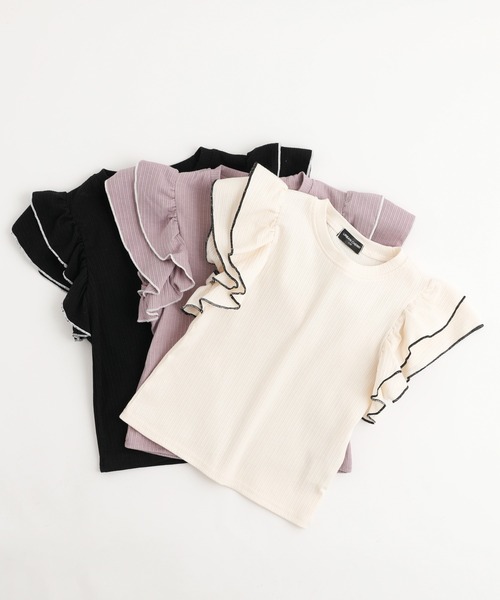 URBAN CHERRY（アーバンチェリー）の「【快適さらリブ素材】リブフリルノースリーブＴシャツ（Tシャツ/カットソー・キッズ・アイボリー/ブラック/パープル・150cm/110cm/120cm/130cm/140cm）」の4枚目の写真