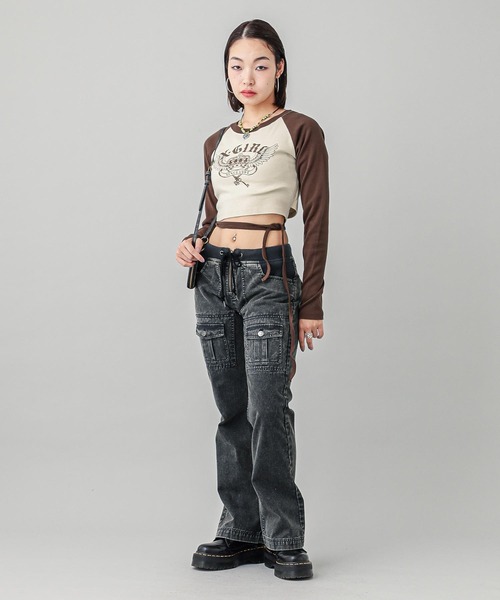 X-girl（エックスガール）の「CROWN AND WINGS RAGLAN L/S BABY TEE（Tシャツ/カットソー・レディース・オフホワイト/オリーブ/チャコール・S/M）」の20枚目の写真