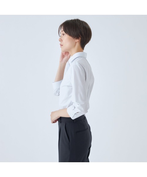 SUIT SELECT(スーツセレクト)の「【SL/七分袖】レギュラーワンピースカラーブラウス/TOUGH BUTTON・NON IRON(シャツ/ブラウス・レディース・ホワイト/ライトグレー・S/LL/M/L)」の4枚目の写真