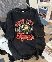 タイガー プリント クラッシュ ダメージ加工 ピグメント オーバーサイズ 半袖Tシャツ  -ARCADE Limited Line-