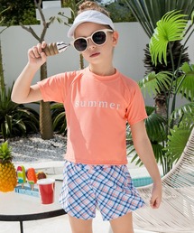 TeddyShop（テディショップ）の「【UVカット率 99.9%以上！】キッズ水着 半袖英字ロゴラッシュガードトップス+ショートパンツ 上下2点セット（水着）」