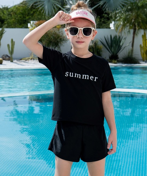 セール】【UVカット率 99.9%以上！】キッズ水着 半袖英字ロゴラッシュ