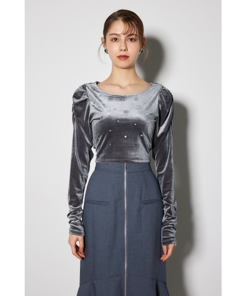 rienda（リエンダ）の「ビジューベロアクロップドトップス（Tシャツ/カットソー・レディース・ブラック/ライトブラウン/ブルー・FREE）」の19枚目の写真