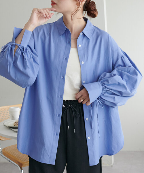 DISCOAT（ディスコート）の「ブロード袖口リボンシャツ（シャツ/ブラウス・レディース・オフホワイト/ブルー/ネイビー・FREE）」の3枚目の写真