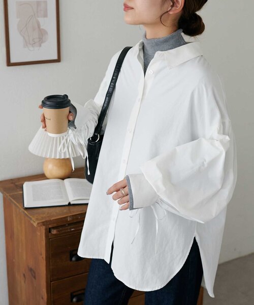 DISCOAT（ディスコート）の「ブロード袖口リボンシャツ（シャツ/ブラウス・レディース・オフホワイト/ブルー/ネイビー・FREE）」の13枚目の写真