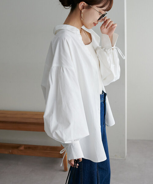 DISCOAT（ディスコート）の「ブロード袖口リボンシャツ（シャツ/ブラウス・レディース・オフホワイト/ブルー/ネイビー・FREE）」の21枚目の写真