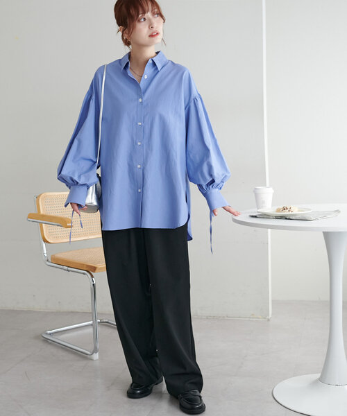 DISCOAT（ディスコート）の「ブロード袖口リボンシャツ（シャツ/ブラウス・レディース・オフホワイト/ブルー/ネイビー・FREE）」の6枚目の写真