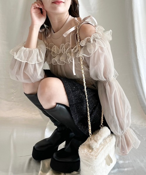 NOMAE（ノーマエ）の「【長袖で再登場!!】ギャザーフリルドッキングブラウス（シャツ/ブラウス・レディース・ピンク/アイボリー/ダークグレー/ブラック・FREE）」の4枚目の写真