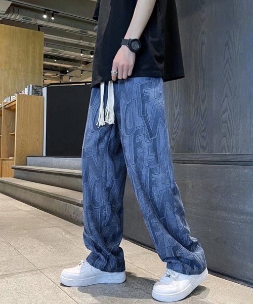 AsaAura(アサオーラ)の「ロゴパンツ メンズ ワイドパンツ 韓国風(スラックス・メンズ・ブルー/ブラック/ベージュ・L/M)」の1枚目の写真