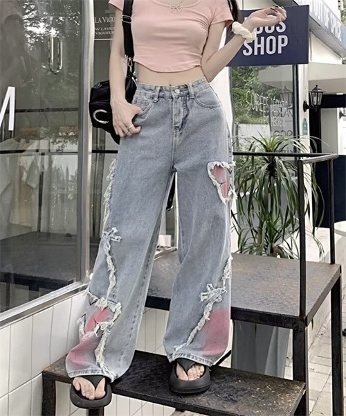 セール】蝶刺繍 フリンジ加工 ワイドデニムパンツ（デニムパンツ