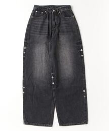 Chikashitsu + | ストリートファッション Chikashitsu + OaKS チカシツプラスオークス snap button design wide denim pants スナップボタンデザインワイドデニムパンツ ワイドジーンズ ジーパン ワイドパンツ ウォッシュドデニムパンツ 韓国ファッション 韓国ストリート Y2K(デニムパンツ)