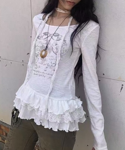 LADY LIKE(レディライク)の「ストール付きティアードフリルガーリートップス(Tシャツ/カットソー・レディース・ホワイト・M)」の1枚目の写真