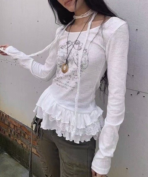 LADY LIKE(レディライク)の「ストール付きティアードフリルガーリートップス(Tシャツ/カットソー・レディース・ホワイト・M)」の4枚目の写真