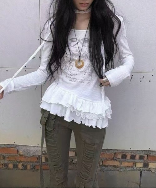 LADY LIKE(レディライク)の「ストール付きティアードフリルガーリートップス(Tシャツ/カットソー・レディース・ホワイト・M)」の6枚目の写真