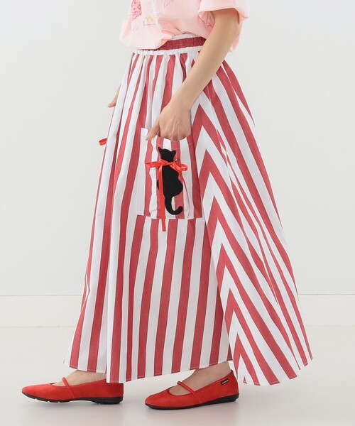 ヤンマ　ストライプ 赤 スカート ダブルガーゼ ストライプ スカート レディース 秋 太ストライプ 綿