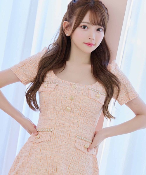 Tika(ティカ)の「キャバドレス 韓国 ミニ フレア 半袖 ツイード ゴールドボタン 裾プリーツ パフスリーブドレス キャバワンピ(ドレス・レディース・ミント/オレンジ・L/M/S)」の5枚目の写真