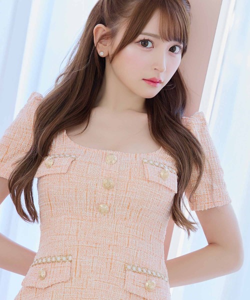 Tika(ティカ)の「キャバドレス 韓国 ミニ フレア 半袖 ツイード ゴールドボタン 裾プリーツ パフスリーブドレス キャバワンピ(ドレス・レディース・ミント/オレンジ・L/M/S)」の6枚目の写真